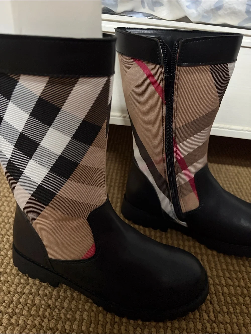 Kids Black and Tan Plaid Rain Boots